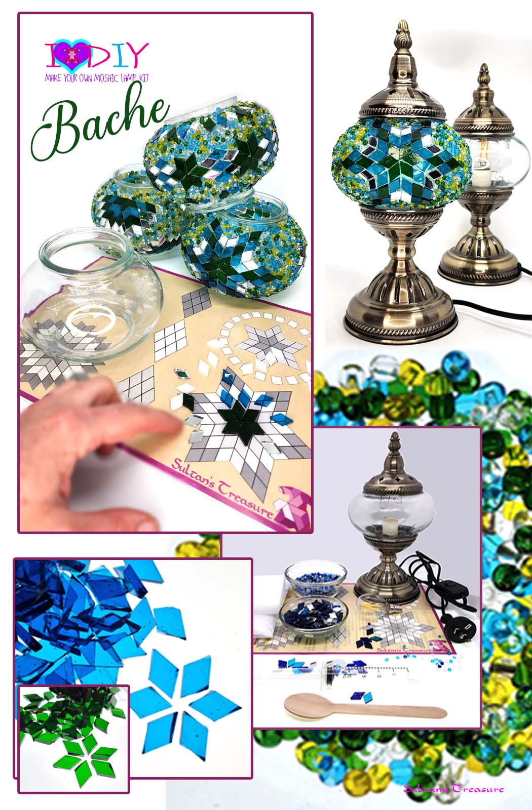 Turkish Mosaic Lamp DIY Home Craft Kit Bahce Green and Blue