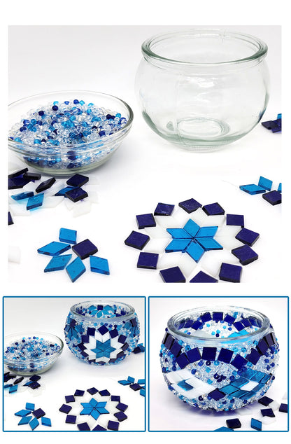 DIY Mosaic Tealight Craft Kit - Mavi ( Blue & White )