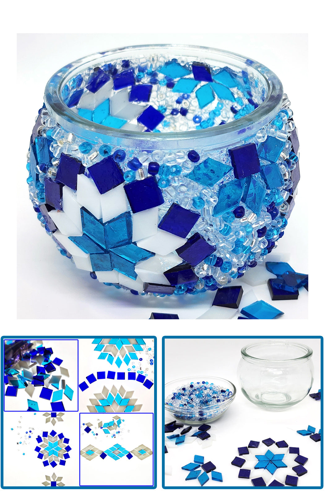 DIY Mosaic Tealight Craft Kit - Mavi ( Blue & White )