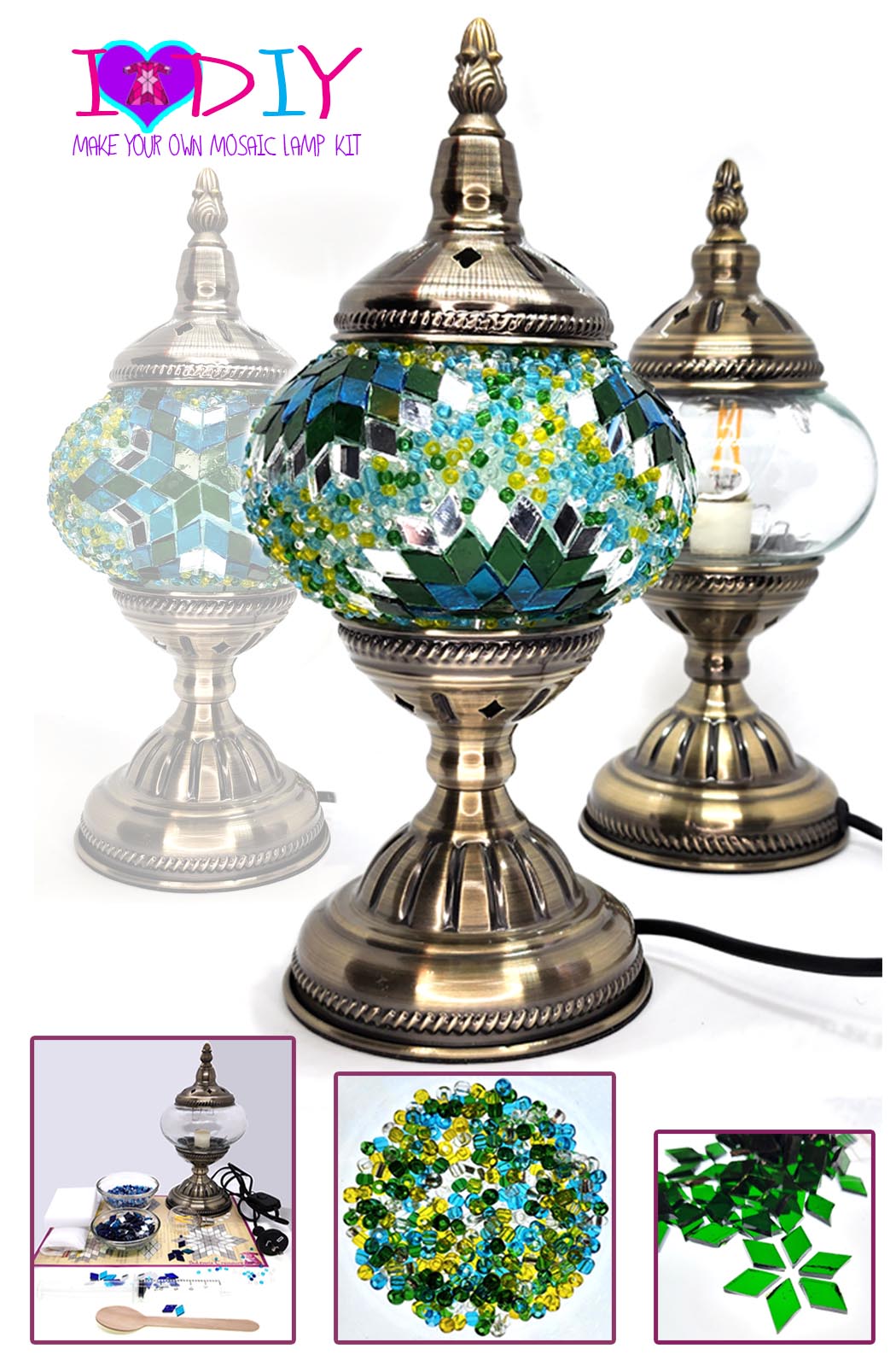 Turkish Mosaic Lamp DIY Home Craft Kit Bahce Green and Blue Sultan's