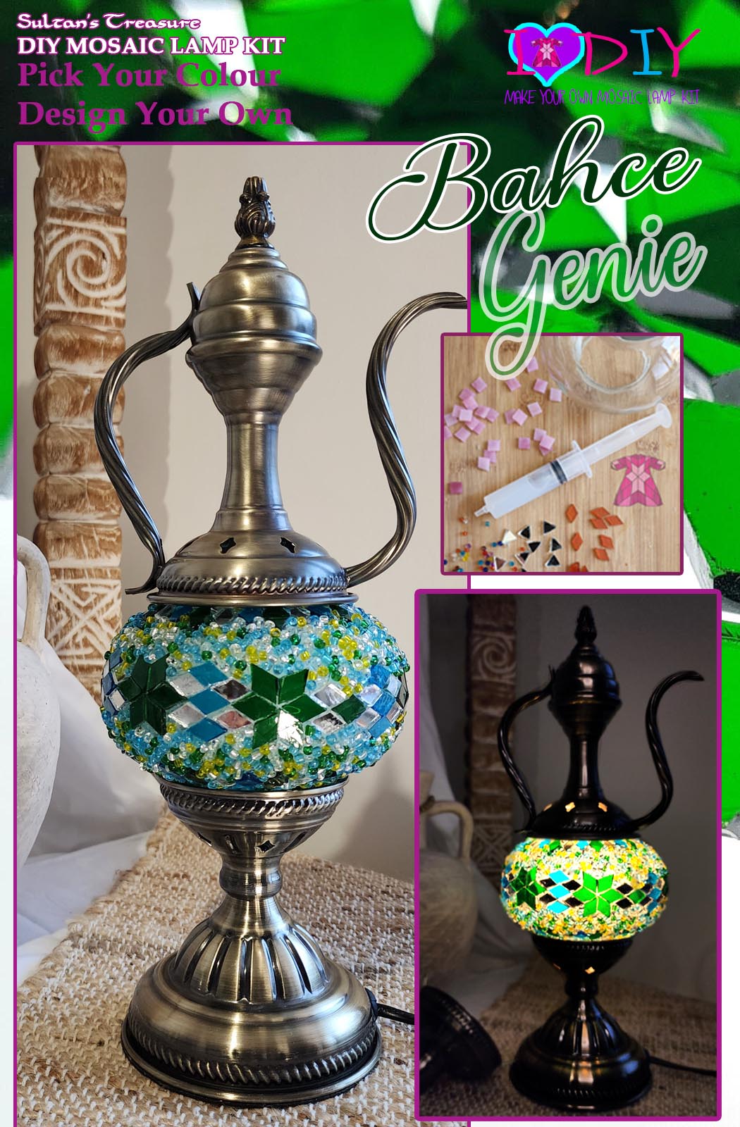 Turkish Mosaic Lamp DIY Home Craft Kit Bahce Green and Blue