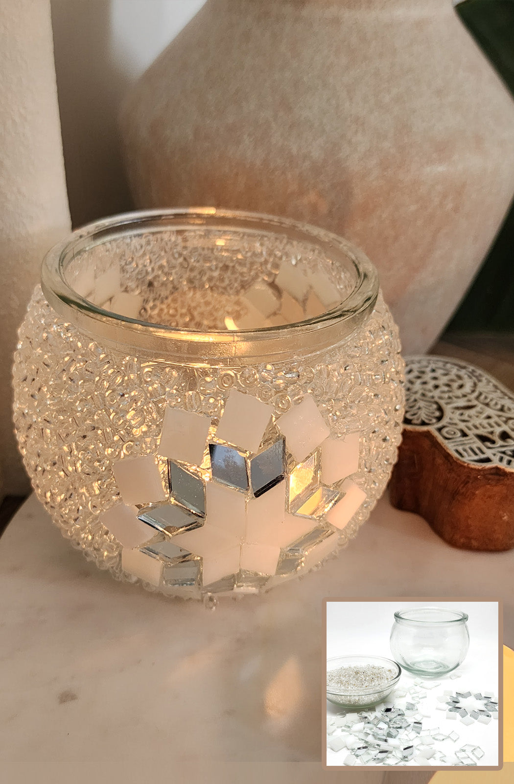 DIY Mosaic Tealight Craft Kit - Crystal (White & Mirror)