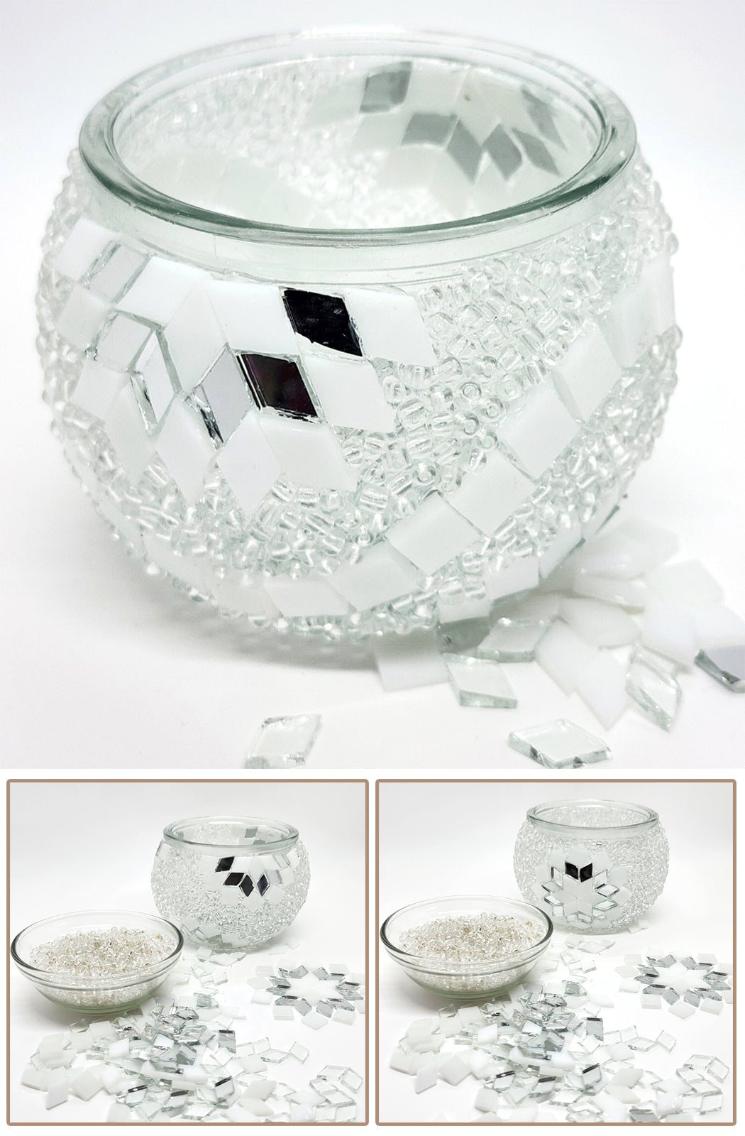 DIY Mosaic Tealight Craft Kit - Crystal (White & Mirror)