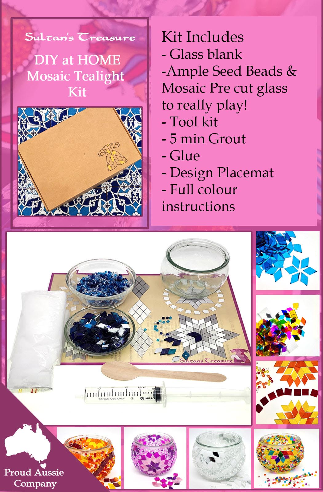 DIY Mosaic Tealight Craft Kit - Cherry (Pink & Purple)