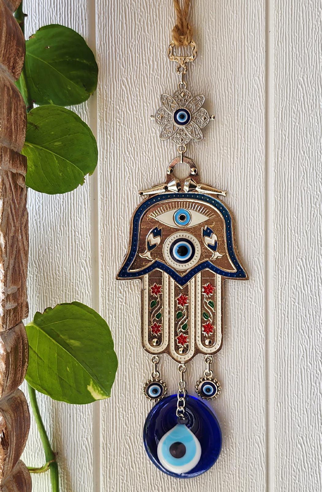 Evil Eye Wallhanging XL Blue Glass Hamsa Hand Metal Large