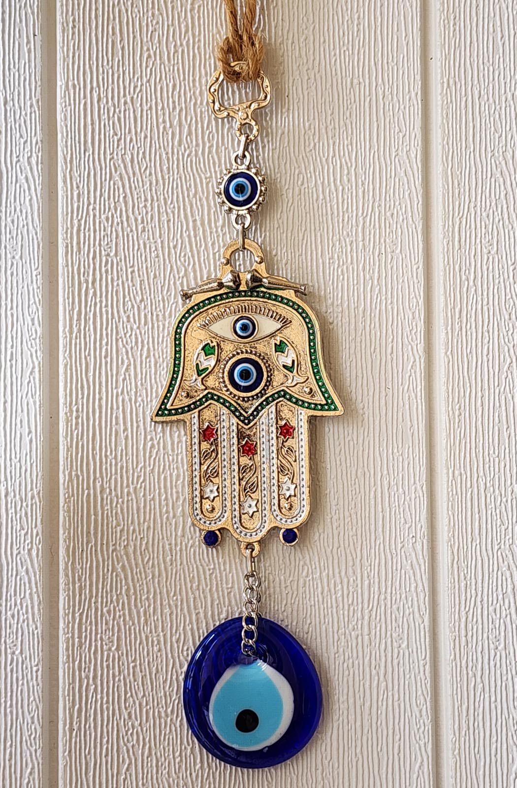Evil Eye Wallhanging XL Blue Glass Hamsa Hand Metal Large