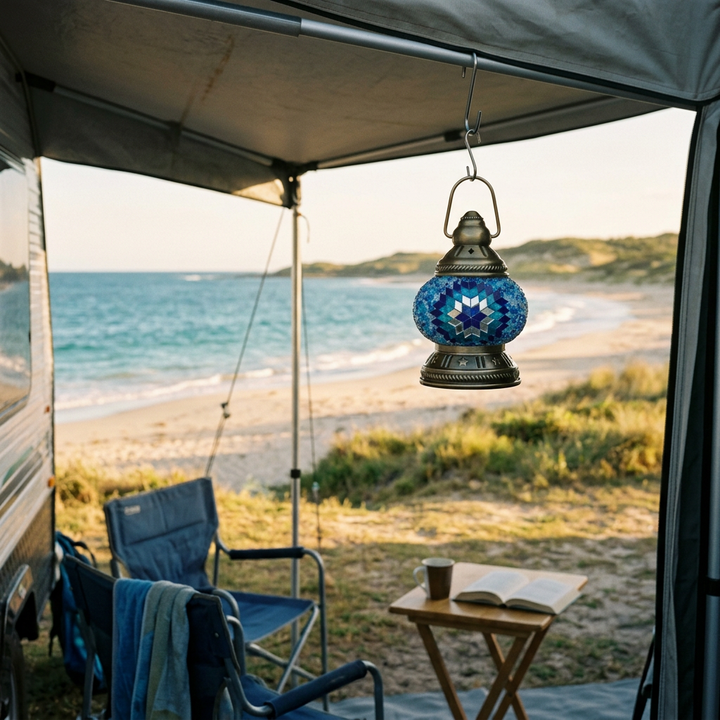Eren lantern naturally hanging beneath a seaside caravan awning