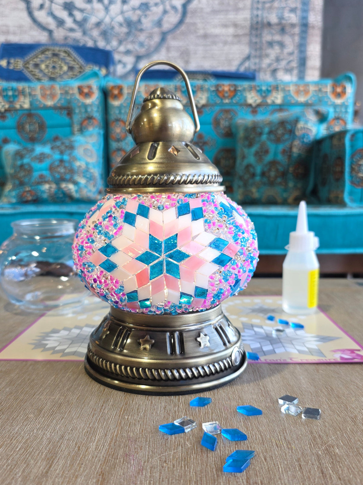 Ela Pink and Blue Mosaic Camping Picnic Lantern USB DIY Craft Kit