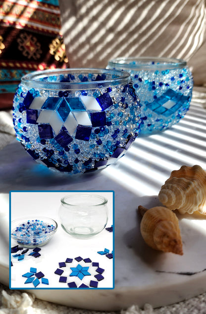 DIY Mosaic Tealight Craft Kit - Mavi ( Blue & White )