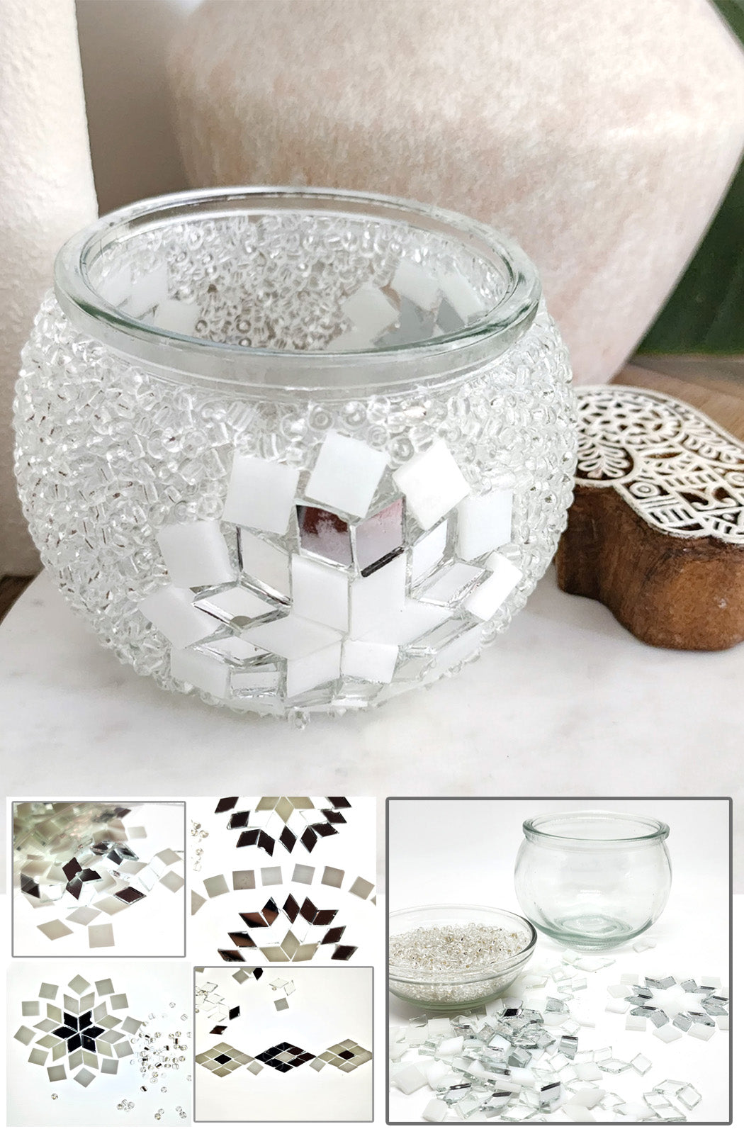 DIY Mosaic Tealight Craft Kit - Crystal (White & Mirror)