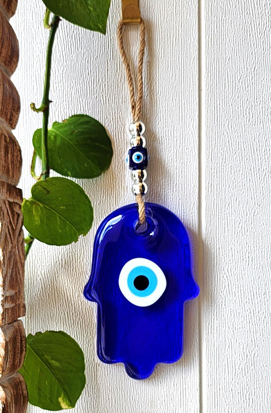 Evil Eye Wallhanging XL Blue Glass Hamsa Hand