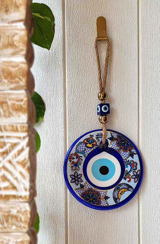 Evil Eye Wallhanging XL Blue Glass Printed Boho Blue