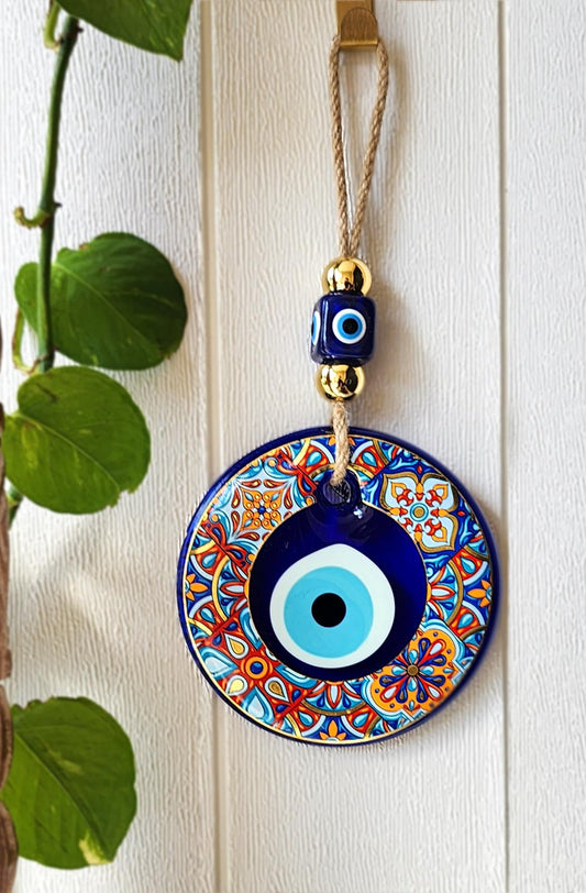 Evil Eye Wallhanging XL Blue Glass BOHO Orange