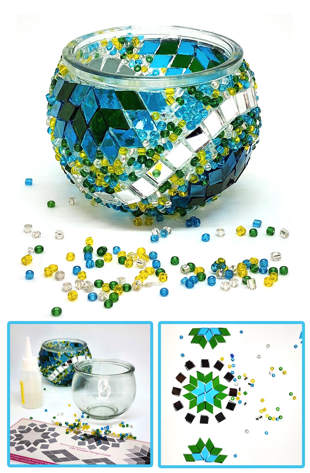 DIY Mosaic Tealight Craft Kit - Deniz (Teal - Blue and Green)