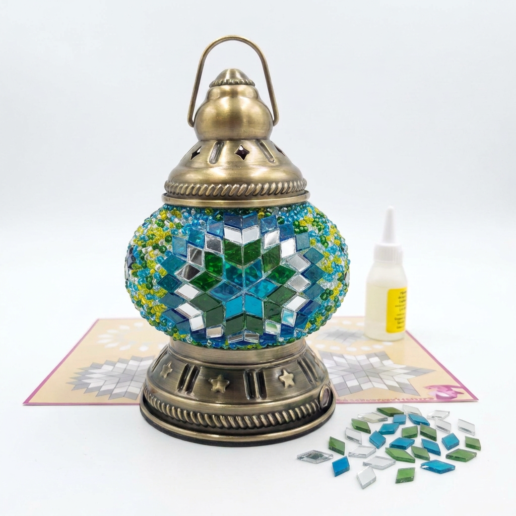 Bahce green and blue mosaic lantern DIY kit with glue, placemat and thin glass pieces on white
