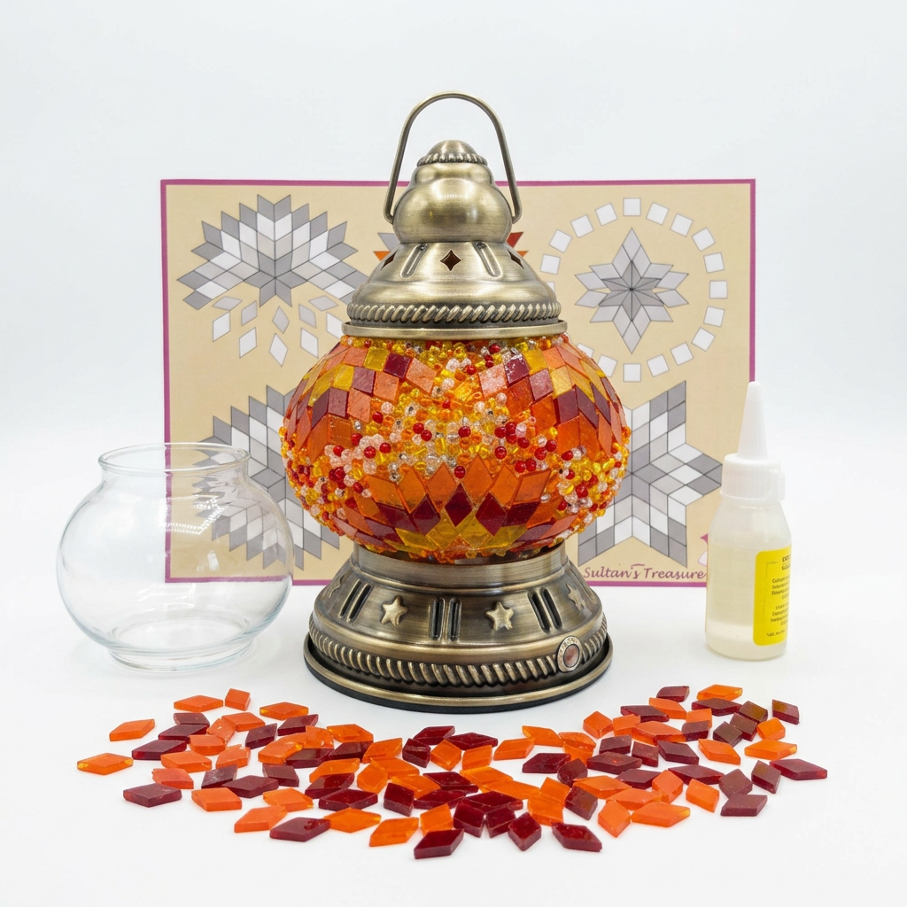 Portakali orange and red mosaic camping lantern kit with clear globe, glue, branded placemat and spare glass on white