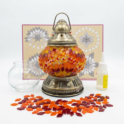 Portakali orange and red mosaic camping lantern kit with clear globe, glue, branded placemat and spare glass on white