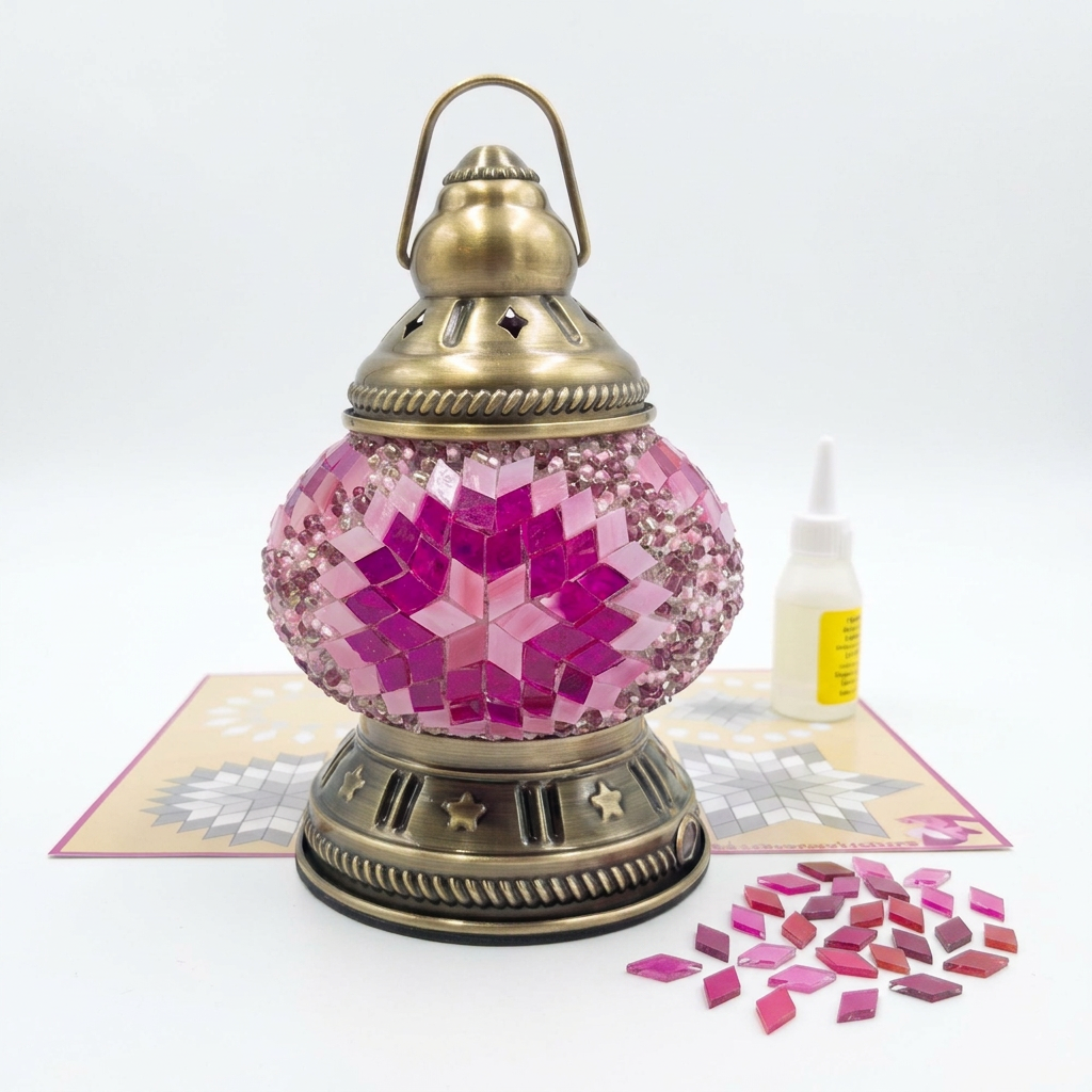 Sadie lantern kit with thin diamond-shaped mosaic glass fragments